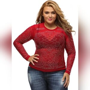 Red Embellished Long Sleeve Top